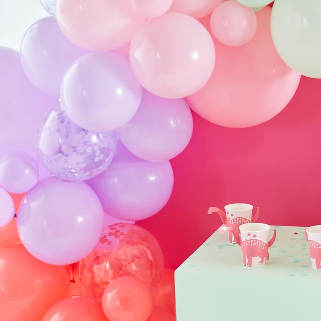 Pink Dino - Pink, Lilac, Pastel Green and Confetti Balloon Arch