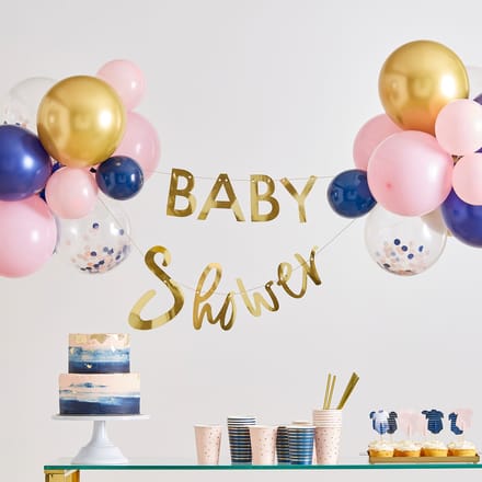 Gender Reveal - Gold Baby Shower Banner and Balloon Decoration