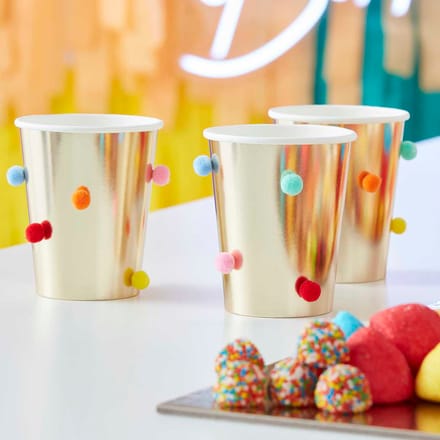 Bright Birthday - Rainbow Pom Pom Gold Paper Party Cups