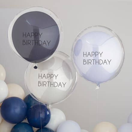 Navy Birthday - Blue & Grey Double Layered Happy Birthday Balloon Bundle